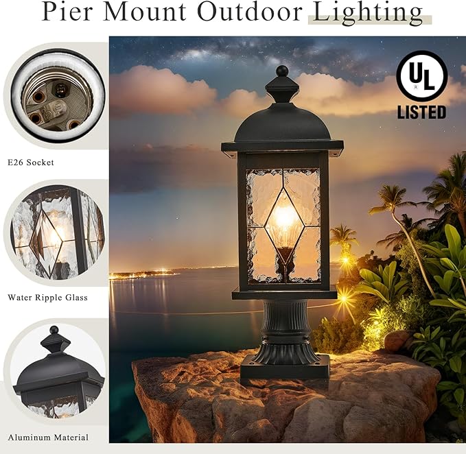 Outdoor Post Lights Exterior Pillar Lantern with Water Ripple Handmade Glass Black Finish 21 Inch Height Large Size Outdoor Post Lighting Fixtures for Walkway Porches Doorway or Garden