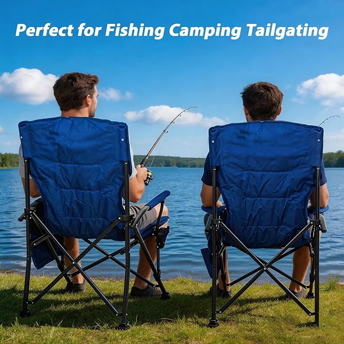 Romswi Oversized Camping Chairs 2 Pack 500 LBS Heavy Duty Folding Lawn Chairs with Hard Armrests Wide Seat Outdoor Chairs with Cup Holder &amp Side Pocket for Camping Beach Sports Backyard