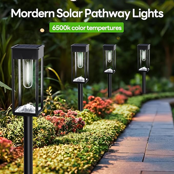 Solar Pathway Lights Outdoor IP65 Waterproof 6 Pack 6500K LED Auto On/Off Walkway Landscape Light for Yard Lawn Garden Patio Driveway Outside Decor Cool White