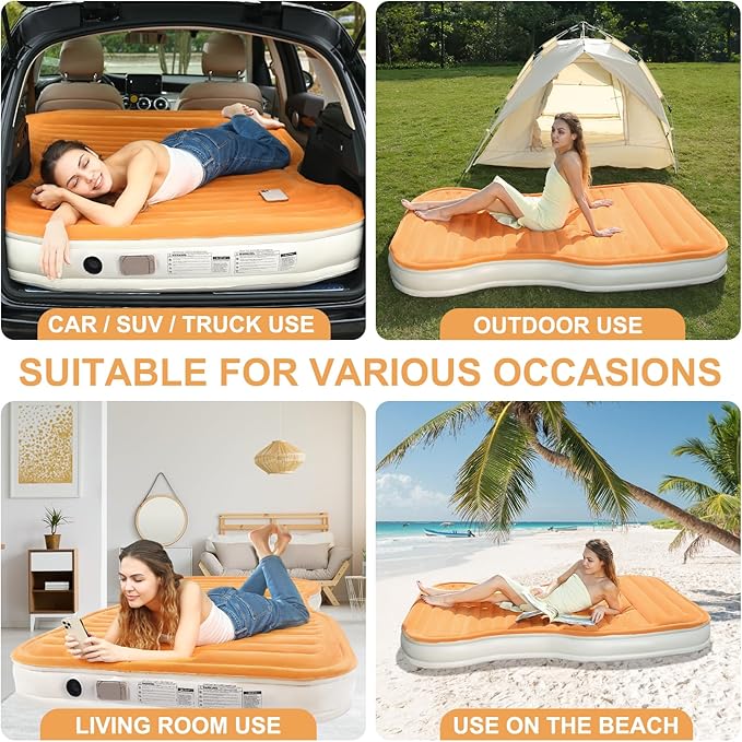 KMZ SUV Air Mattress with Built-in Pump &amp 2 Pillows Thickened Flocked PVC Quick 90-Seconds Inflation Air Bed Portable &amp Durable Car Air Bed for Camping Travel Truck