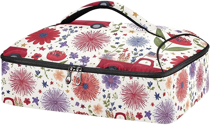 Casserole Carrier Red Truck FlowersInsulated Casserole Carrier for Hot or Cold Food Thermal Lunch Tote for Potluck Parties Picnic Beach Fits 9 x 13 Inches Baking Dish