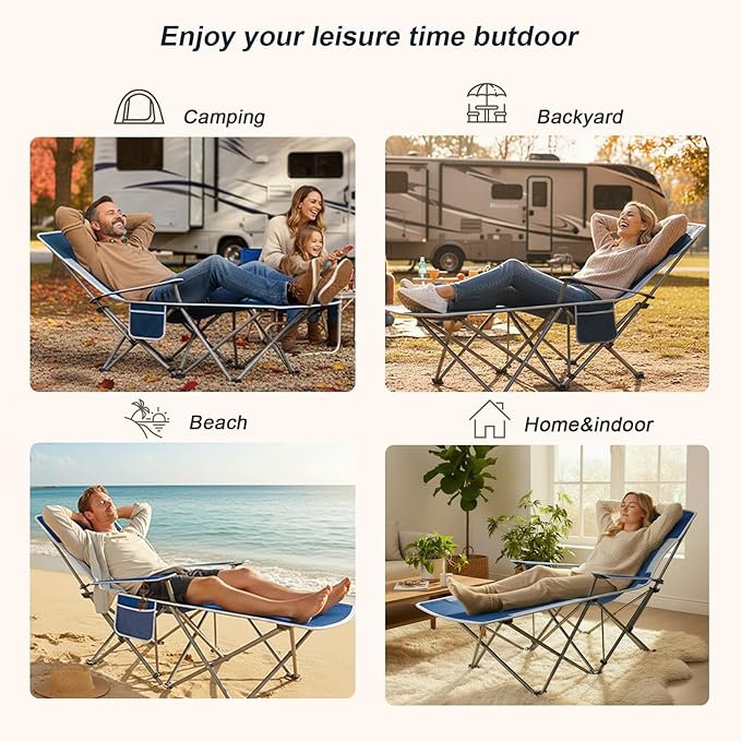 Folding Beach Chair Recliner for Adults - Heavy Duty 300lbs Camping Chair with Adjustable Backrest &amp Footrest Portable Outdoor Lounge Chair for Backyard Fishing Travel
