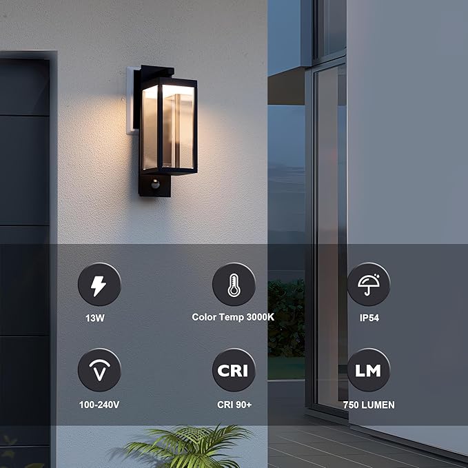 Lustrlach Upgraded Motion Sensor Outdoor Wall Light 15” Porch Light Outdoor Wall Sconce Lantern Exterior Lighting Fixture Wall Mount Outside Light for House Garage Patio Front Door