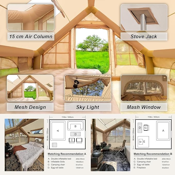 Inflatable Camping Tent - 67.8 SqFt Large Inflatable Tents 4-6 People Glamping Inflatable Hot Tent with Stove JackBlow Up Tent4 Season Air Tents for Camping Waterproof Glamping Easy Setup