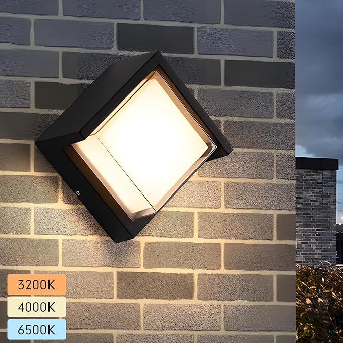 Outdoor Wall Lights 2 Pack 6 Inch Modern Square LED Wall Sconces 1200LM 3CCT Selectable (3200K/4000K/6500K) IP65 Waterproof Black Aluminum Exterior Light Fixtures for House Porch Garage