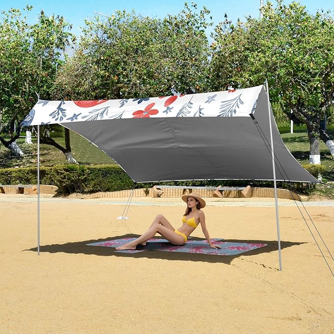 Flower Leaves Red Helmet Color Ink Painting Pattern Camping Sun Shelter Beach Tent Portable Beach Sun Shade Outdoor Canopy for Camping Trips Fishing Picnic