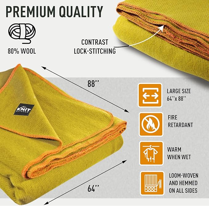 Large Military Wool Blanket - Warm &amp Thick Emergency Survival Blanket Great for Camping Outdoors Sports Events Picnics 4.5 lbs 64 x 88 (Ochre Yellow)
