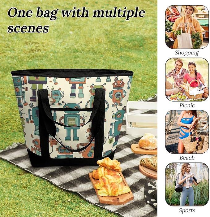 Insulated Shopping BagLarge Reusable Cooler Bags Cute Cartoon Robots Printed Foldable Shopping BagTravel Waterproof Shoulder Bag