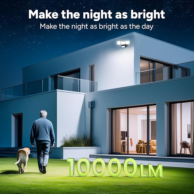 OREiN 10000LM Flood Lights Outdoor 180°/75FT Motion Sensor Outdoor Lights 4 Modes Dimmable Dusk to Dawn Floodlights IP65 Waterproof for 8000SQ.FT Area for Big Patio Driveway Black (Hardwired)