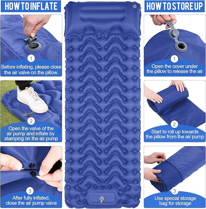 Sleeping Pad Ultralight Inflatable Sleeping Pad for Camping Built-in Pump Ultimate for Camping Hiking Airpad Carry Bag Repair Kit Compact &amp Lightweight Air Mattress(Blue)