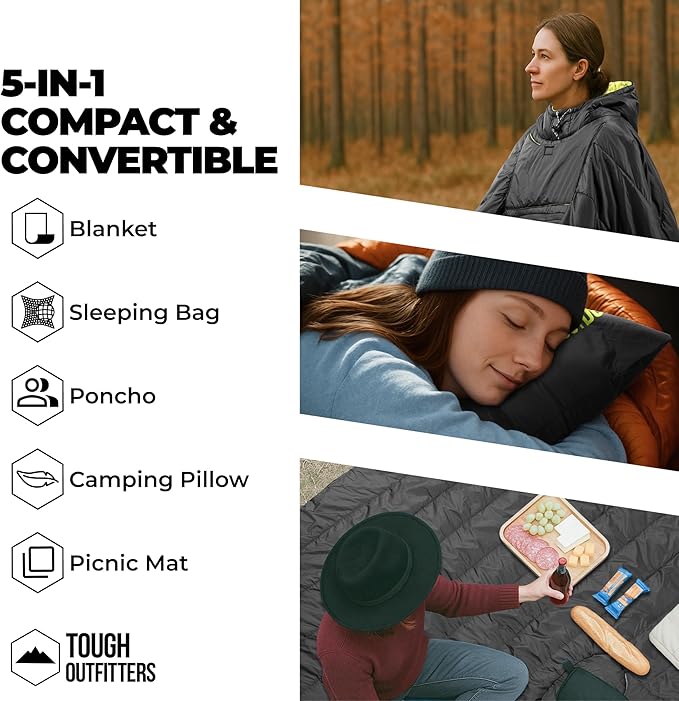 Tough Outdoors 5 in 1 Camping Poncho - Packable Blanket - Wearable Sleeping Bag Adult - Sleeping Bag Poncho - Waterproof