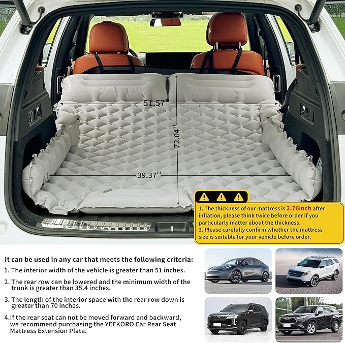 Inflatable Car Air Mattress SUV Air Mattress for Travel Camping Ultralight Camping Bed with Pillow and Built-in Foot Pump Portable Sleeping Pad for SUV -Grey