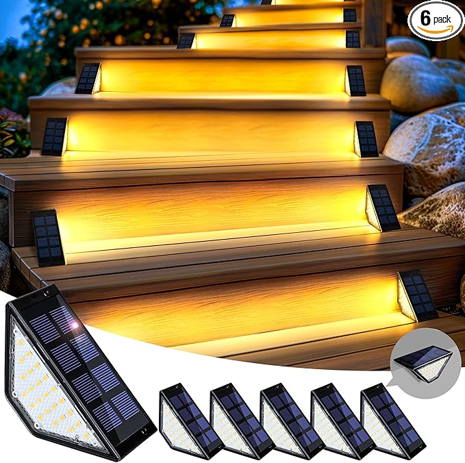 SOLPEX Solar Step Lights for Outside 24 LEDs Solar Stair Lights Outdoor Waterproof Decor for Porch Front Door Stair Step Deck Fence Balcony Patio Wall Yard Garden(6 Pack Warm White)