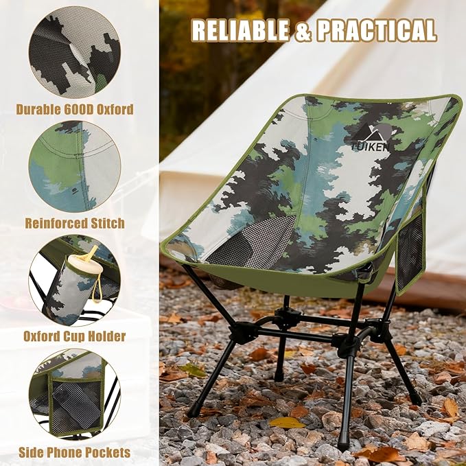 Ultralight Camping Chair Backpacking Chair Portable Camp Chair with Cup Holder &amp Storage Bag Lightweight Compact Folding Chair for Hiking Travel Picnic Mountaineering (Camo)