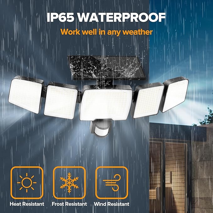 UME Solar Outdoor Lights 620 LED 4500LM IP65 Waterproof Motion Sensor Outdoor Lights 5 Heads Solar Security Flood Light 270 Wide Lighting Angle with 3 Modes for Garden Patio Yard - 2 Pack