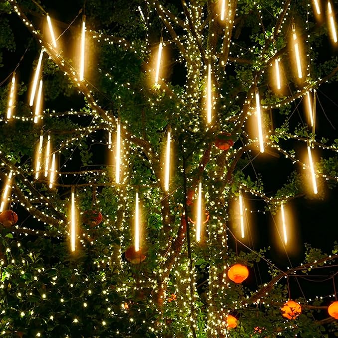 Brightown Meteor Shower Lights 20 Tubes 16 Inch 720 LED Solar Christmas Lights Outdoor Waterproof Snow Cascading String Lights for Outside Christmas Halloween House Tree Decoration Warm White