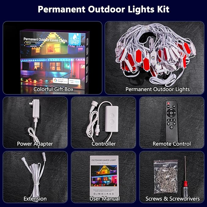 200FT Permanent Outdoor Lights Pro: Smart AI RGBTW Light Cool/Warm Eaves Lights for Christmas Decoration Lighting for Outdoor Garden Daily Decor Compatible with Alexa Google Assistant