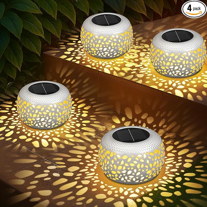 Solar Lanterns Outdoor Waterproof: 4 Pack White Hollow Out Metal Solar Lights - 2 Lighting Colors Outside Patio Garden Yard Porch Indoor Tabletop Decorations - Unique Gifts for Women Mom Wife