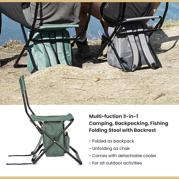 Arrowhead Outdoor Multi-Function 3-in-1 Compact Camp Chair: Backpack Stool &amp Insulated Cooler w/Bottle Holder &amp Storage Bag External Pockets Backrest Fishing Hiking Heavy-Duty USA-Base