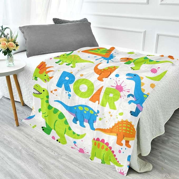 Blanket Throw For Women Cartoon Roaring Dino Fluorescent Blue Green White Sofa Throws 50x70 Inches