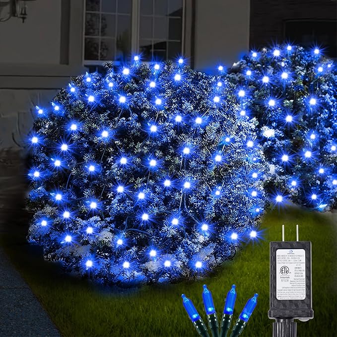 Blue Christmas Net Lights Outdoor 5ft x 6ft Connectable 120Led 8 Modes Waterproof Black Wire 29V Plug in Mesh Net Christmas Lights for Garden Yard Bushes Trunk Xmas Tree Decor (Blue)