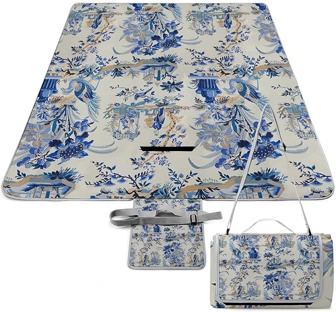 Blue and White Chinese Style Chinoiserie Folk Waterproof Outdoor Picnic Blanket Sandproof Beach Mat for Camping Hiking Grass Travelling