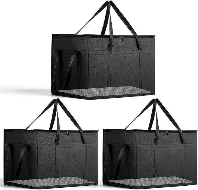3 Pack Large Insulated Food Delivery Bag with hard bottom XXXL Large Reusable Thermal Cooler Grocery Tote Bag Thermal Cold/Hot Styrofoam Carrier for Shopping/Travel Black