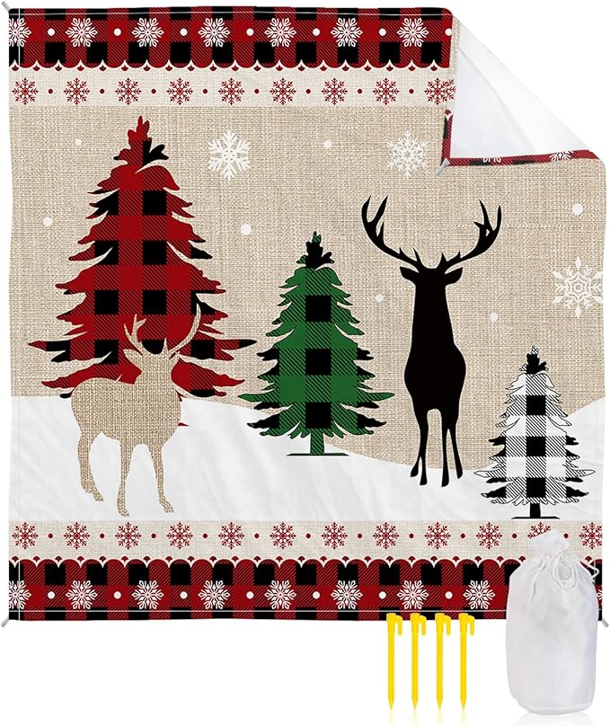Beach Blanket Waterproof Sandproof OversizedChristmas Tree Elk Shadow Winter Snowflake Beach Mat with Corner Stakes Sand PocketsRed Buffalo Plaid Retro Linen Outdoor Picnic Mat for Travel 83x79In