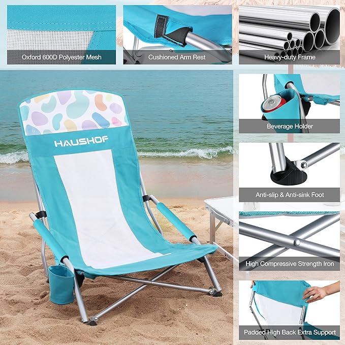 HAUSHOF High Back Beach Chair Mesh Back Folding Chair Lightweight Low Seat Camping Chairs with Cup Holder Carry Bag Padded Armrest for Outdoor Beach Lawn Camping Picnic Festival