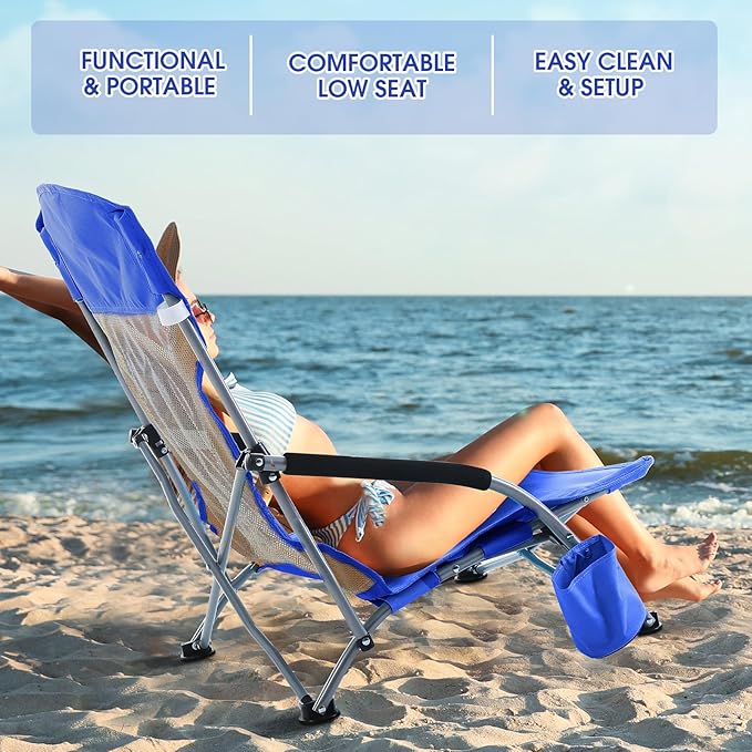 Huwena 2 Pack Beach Chair for Adult with 2 Umbrella Low Folding Chair Detachable Adjustable Lightweight with Armrests Cup Holder Carry Bag Portable for Sand Camping Travel Outdoor Pool(Dark Blue)