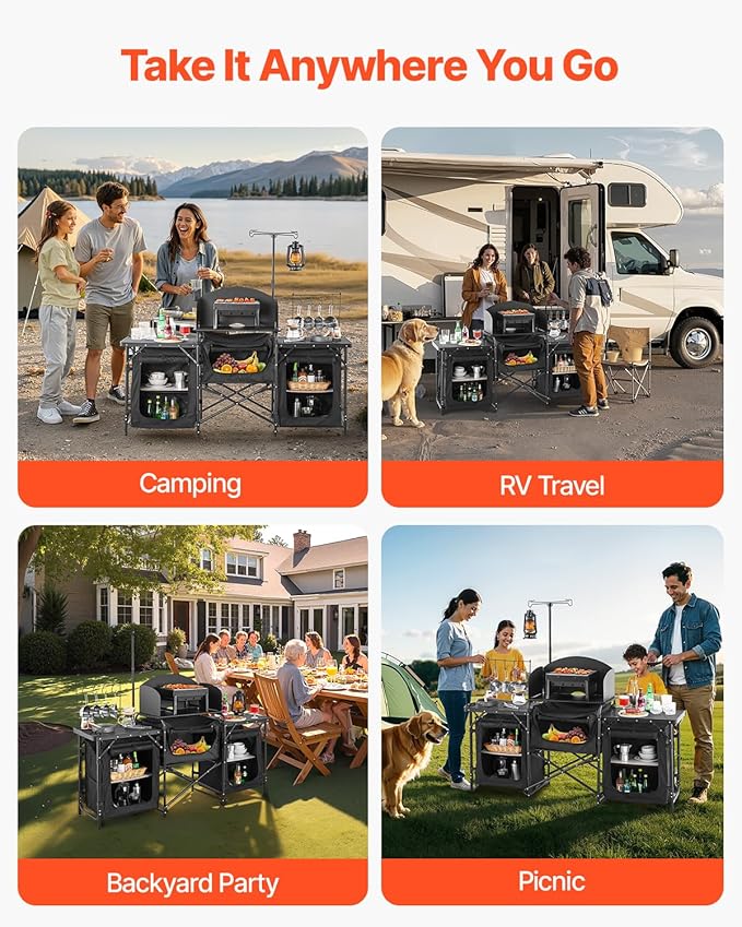 VEVOR Camping Kitchen Table Outdoor Camp Cooking Table Aluminum Portable Cook Station with 3 Storage Cupboard Carrying Bag Detachable Windscreen Quick Set-up for BBQ Party Picnic RV Travel Black
