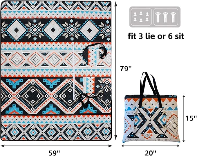 Outdoor Packable Picnic Blanket with Zipper Folds into Tote Bag with Large Storage and Shoulder Strap Waterproof Sandproof for Lawn Beach Hiking Camping (colorful2 Large)