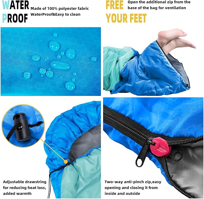 Sleeping Bag for Adults Girls Boys - 3 Season Warm &amp Cool Weather Lightweight Waterproof Camping Bag for Hiking Outdoor Travel