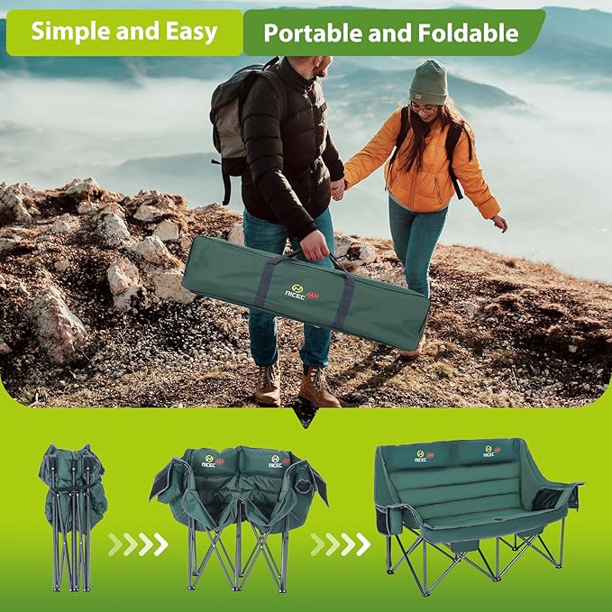 Nice C Heated Camping Chair with Battery Heated Double Camping Couch Oversized Thick Padded Loveseat Heated Camping Chair for Adults with Cooler Bag Bottle Opener Power Bank (Green)