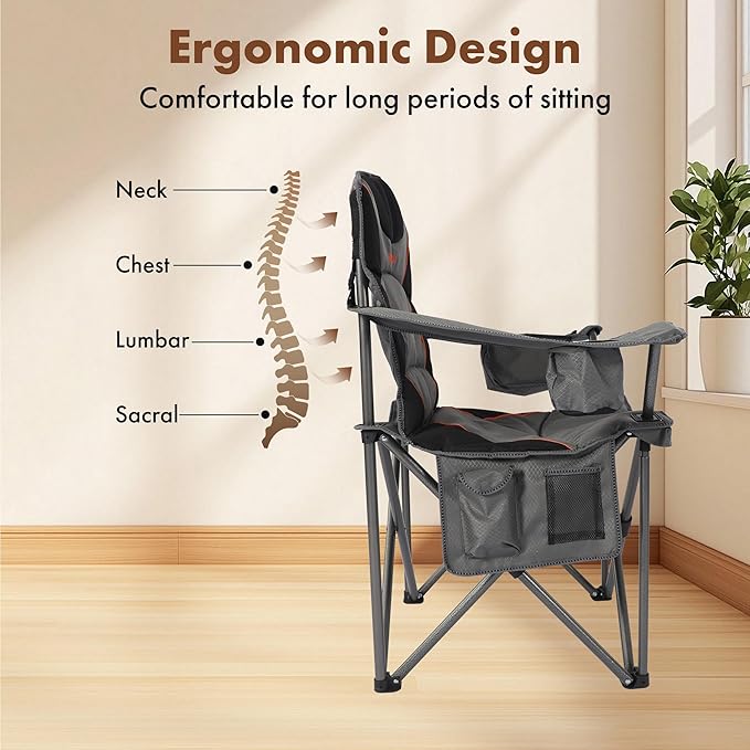 Oversized Camping Chair Heavy Duty Steel Frame 450 LBS Capacity Collapsible Padded Arm Chair with Cup Holder Lumbar Support Portable for Outdoor Garden Beach Home (2 Gray)