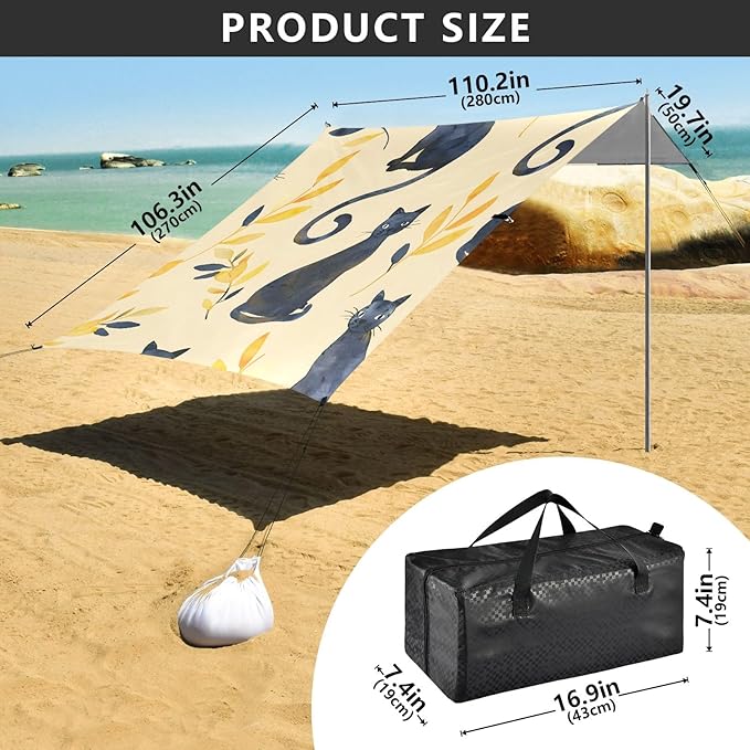 Watercolor Cat and Leaf Camping Sun Shelter Beach Tent Portable Beach Sun Shade Outdoor Canopy for Camping Trips Fishing Picnic