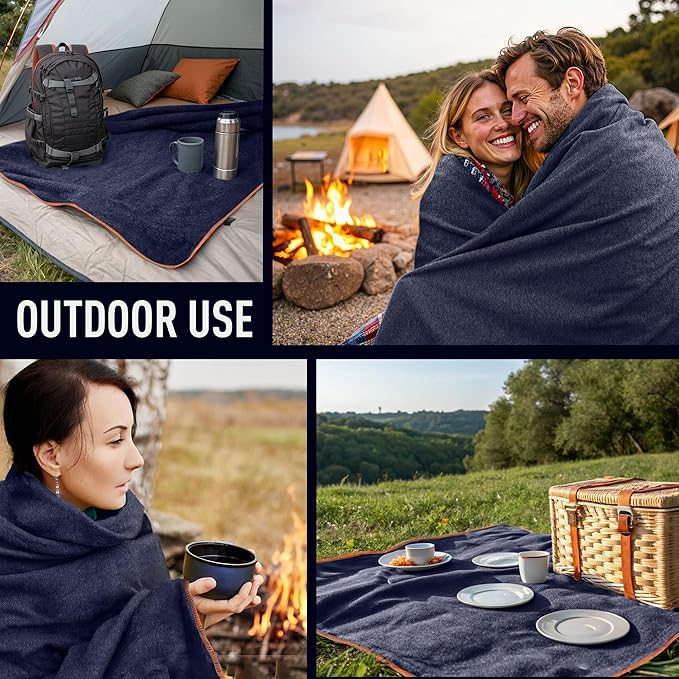 Large Military Wool Blanket - Warm &amp Thick Emergency Survival Blanket Great for Camping Outdoors Sports Events Picnics 4.5 lbs 64 x 88 (Navy)