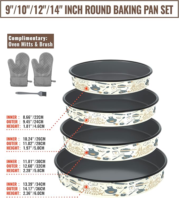 Round Baking Pan Enamel Roasting Dish 4-Pack 9/10/12/14 Inches Non Stick High Temperature Resistance Cookware for Cake Pie Pizza &amp Meat Oven Dishwasher Safe Easter Valentine's Gift Bakeware Set