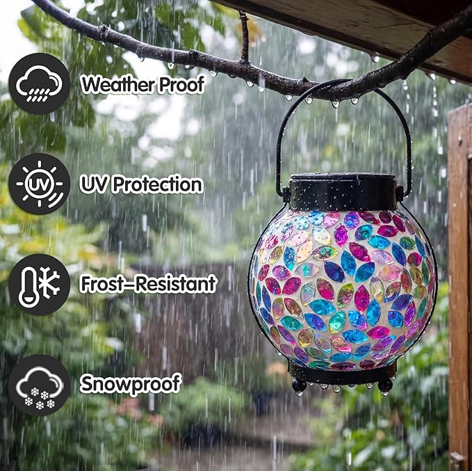 Lyeasw Mosaic Lights Solar Outdoor Hanging Lanterns Waterproof Lights Outdoor Decor for Patio Yard Garden Porch Birthday Gifts for Women Mom Grandma