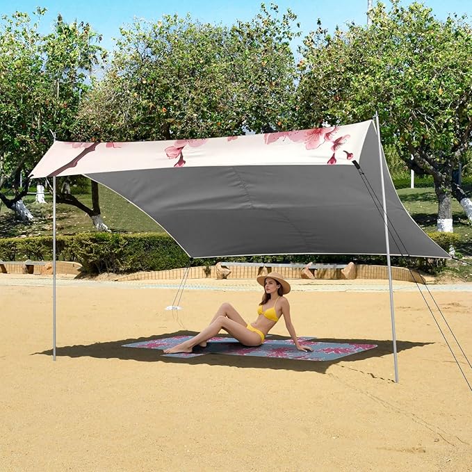 ALAZA Cherry Blossom Pink Flower Beach Tent Sun Shelter UPF50+ Protection Beach Shade Canopy w/ 4 Sandbags for Outdoor Camping Fishing Backyard Fun Picnic 10x9 ft