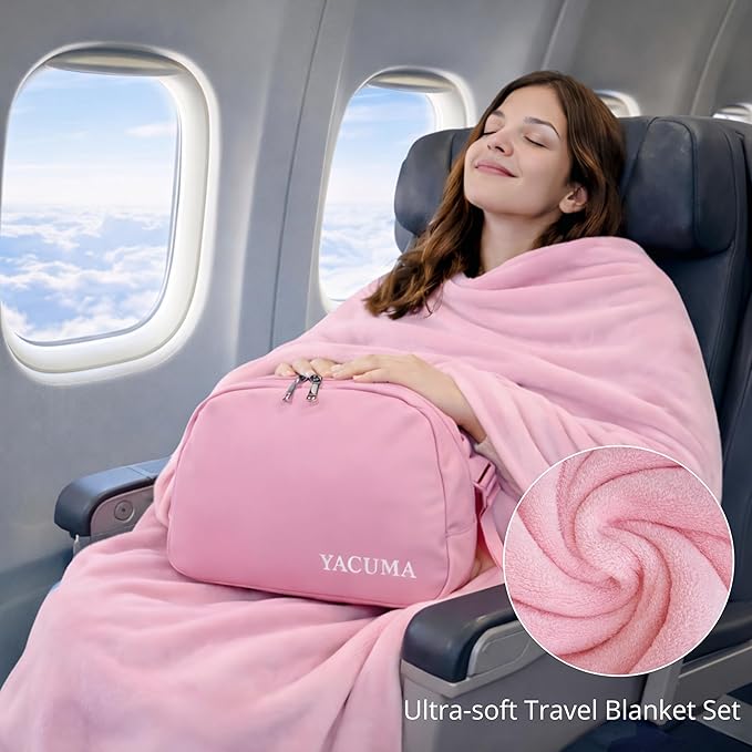 Travel Blanket Airplane Compact with Bag Ultra-Soft 40 x 60 Flannel Travel Organizer Bag with Adjustable Strap Lightweight Warmth for Long Flights