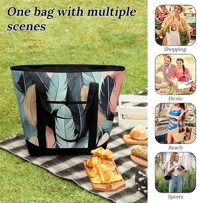 Insulated Shopping BagLarge Reusable Cooler Bags Feather Printed Foldable Shopping BagTravel Waterproof Shoulder Bag
