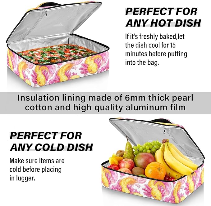 Casserole Carrier Adorable Yellow AxolotlsInsulated Casserole Carrier for Hot or Cold Food Thermal Lunch Tote for Potluck Parties Picnic Beach Fits 9 x 13 Inches Baking Dish