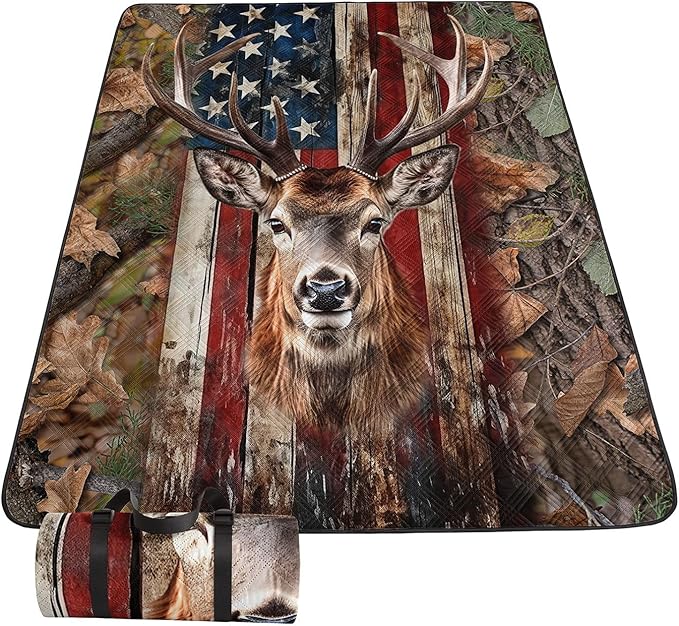 Outdoor Picnic BlanketPortable Sandproof Waterproof Picnic MatAmerican Flag Deer Printed Camping Beach Mat for Sand and Wet Grass Hiking (Deer S)
