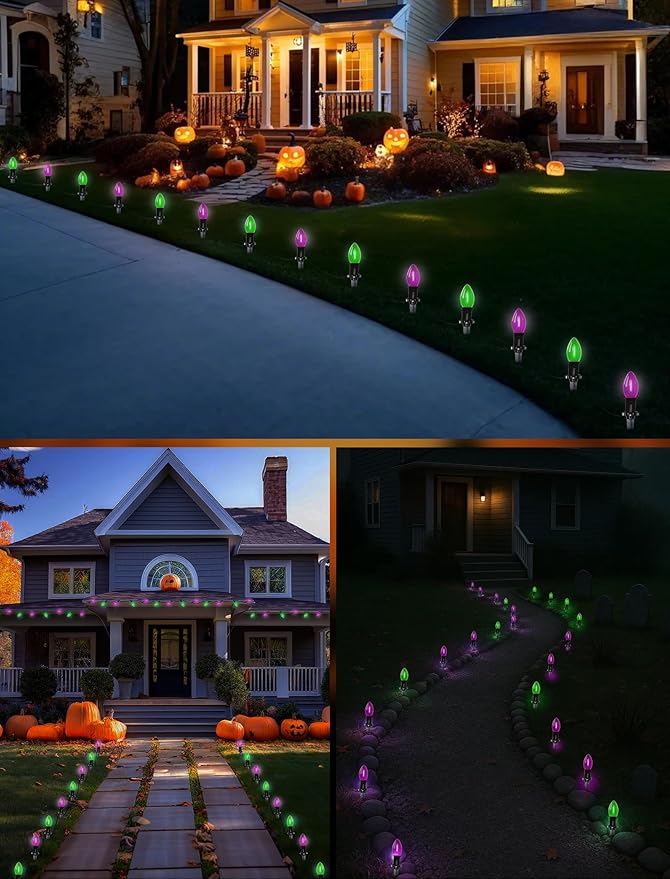 Halloween Stake Lights 10PK C9 LED Pathway Lights with Purple &amp Green Bulbs 19.5ft Outdoor Walkway Lights Waterproof Extendable Yard Driveway Porch &amp Garden Halloween Decorations