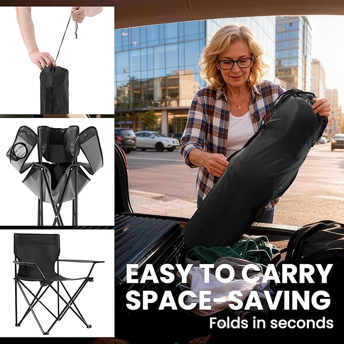 Folding Camping Chairs 2 Pack for Adults 300LBS Capacity Foldable Portable Lawn Chairs with Carry Bag Compact Design for Camp Beach Picnics and Outdoor (Black)