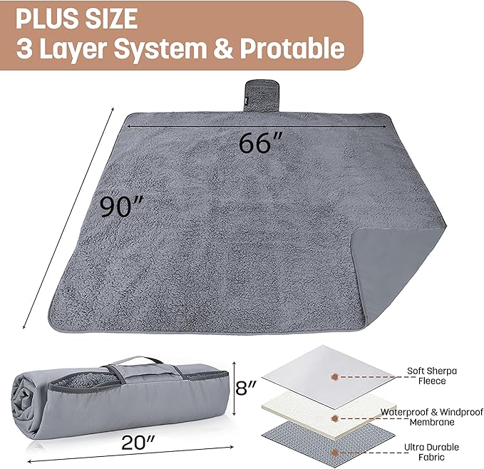 Tirrinia Waterproof Outdoor Blanket with Sherpa Lining Windproof Triple Layers Warm Comfy Foldable for Camping Stadium Beach Picnic Grass Concerts Car Dog 51''X 59'' &amp 59''X 80''