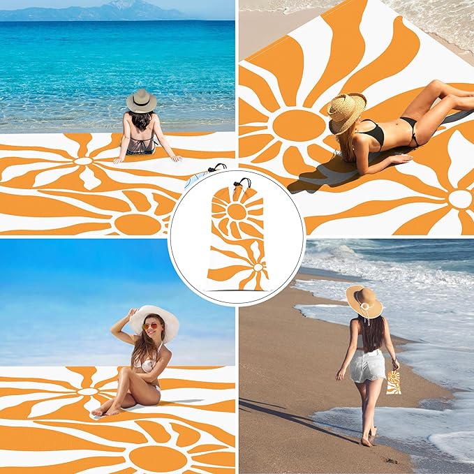 110''×118'' Waterproof Sandproof Beach Blanket 8 Adults Sand Free Boho Sun Outdoor Beach Mat with 4 Stakes Extra Large Compact Picnic Pockets Blanket Essential for Travel Camping Summer Vocation