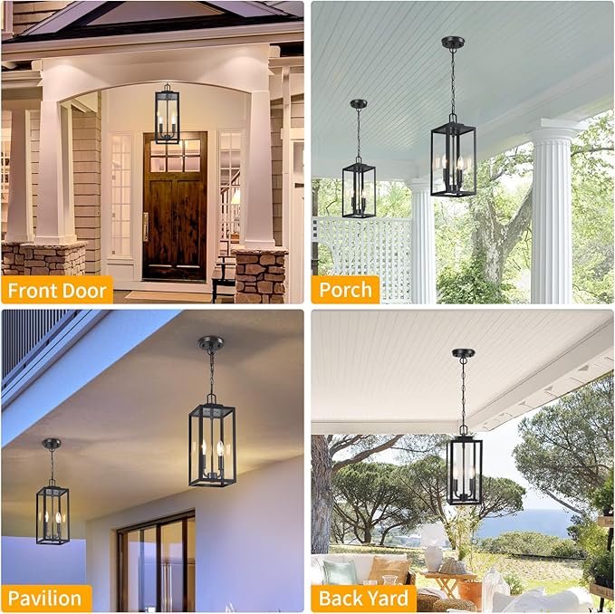 15'' Large Outdoor Pendant Light 2-Light Modern Black Metal Outside Chandelier Exterior Hanging Fixture Ceiling Mount with Clear Glass for Front Porch Entrance Foyer Entryway 1 Pack