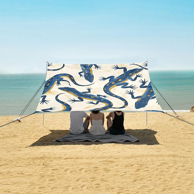 Lizard Pattern Beach Tent Sun Shelter 9.2' x 10.5' Beach Canopy with 4 Sandbags 4 Stability Poles Sand Shovels - Tent Canopy for Beach Camping Fishing Picnics